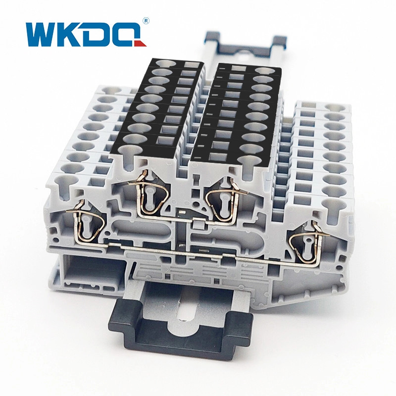 Bloco de terminais com gaiola de mola de 4 mm2 e trilho DIN de 2 níveis montado com equipotencial bonder