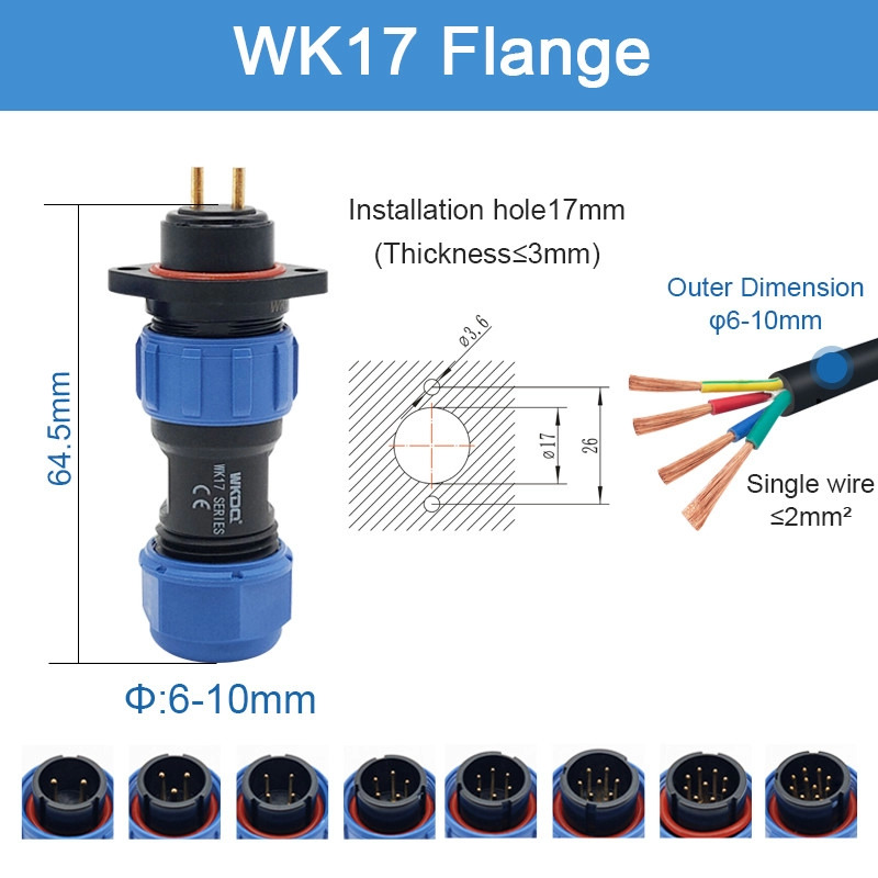 Conector de alimentação rosqueado à prova d'água com soquete da série Sp IP68 Wk17 com flange circular